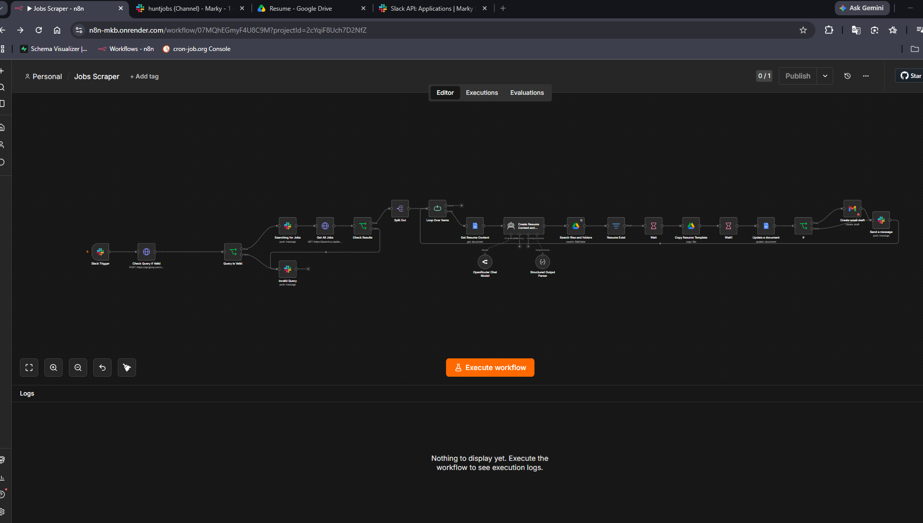n8n workflow screenshot showing the full job scraper and resume optimizer automation